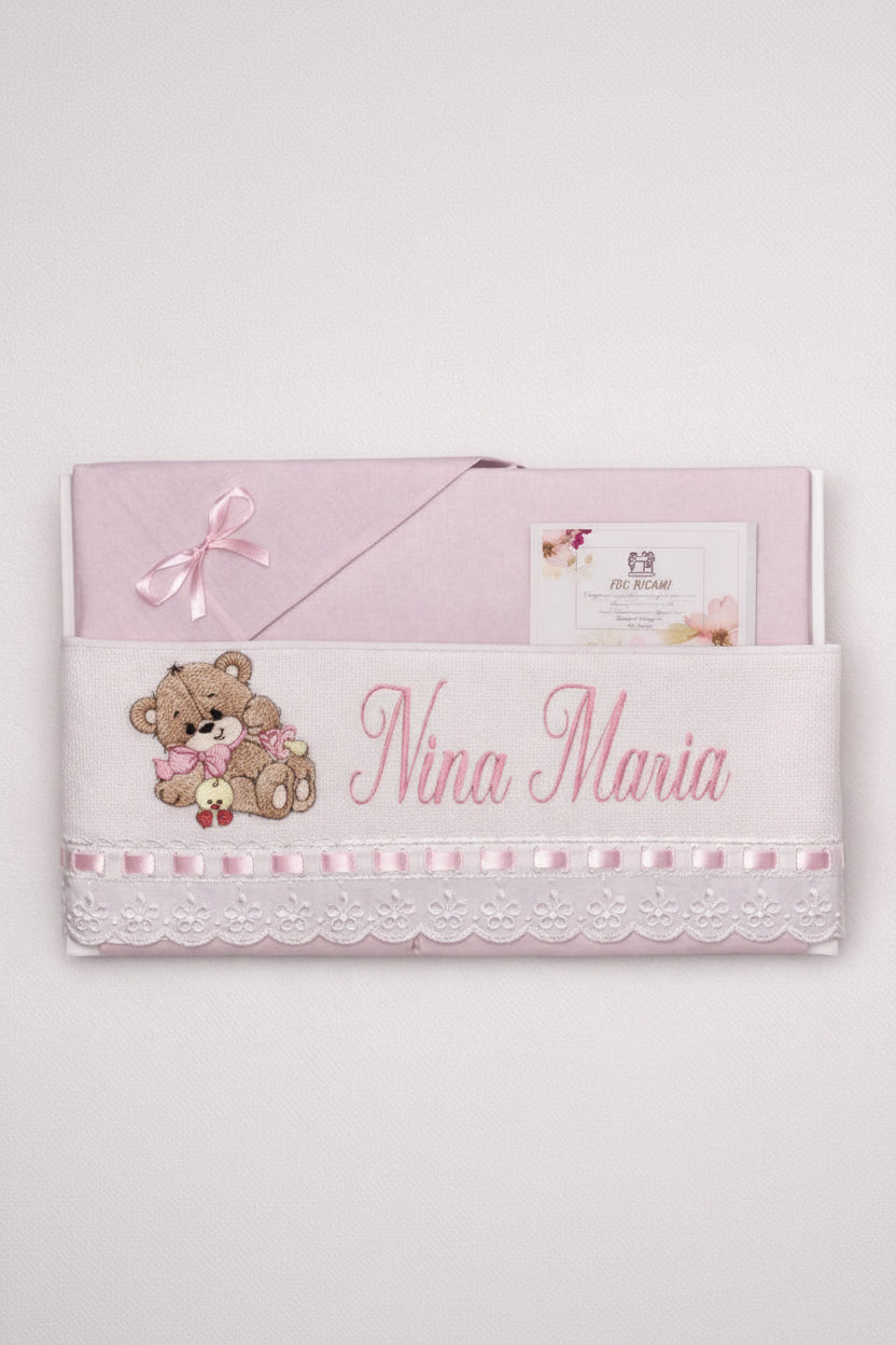 Set Lenzuola Culla/Carrozzina Personalizzato con Ricamo profilo Sangallo